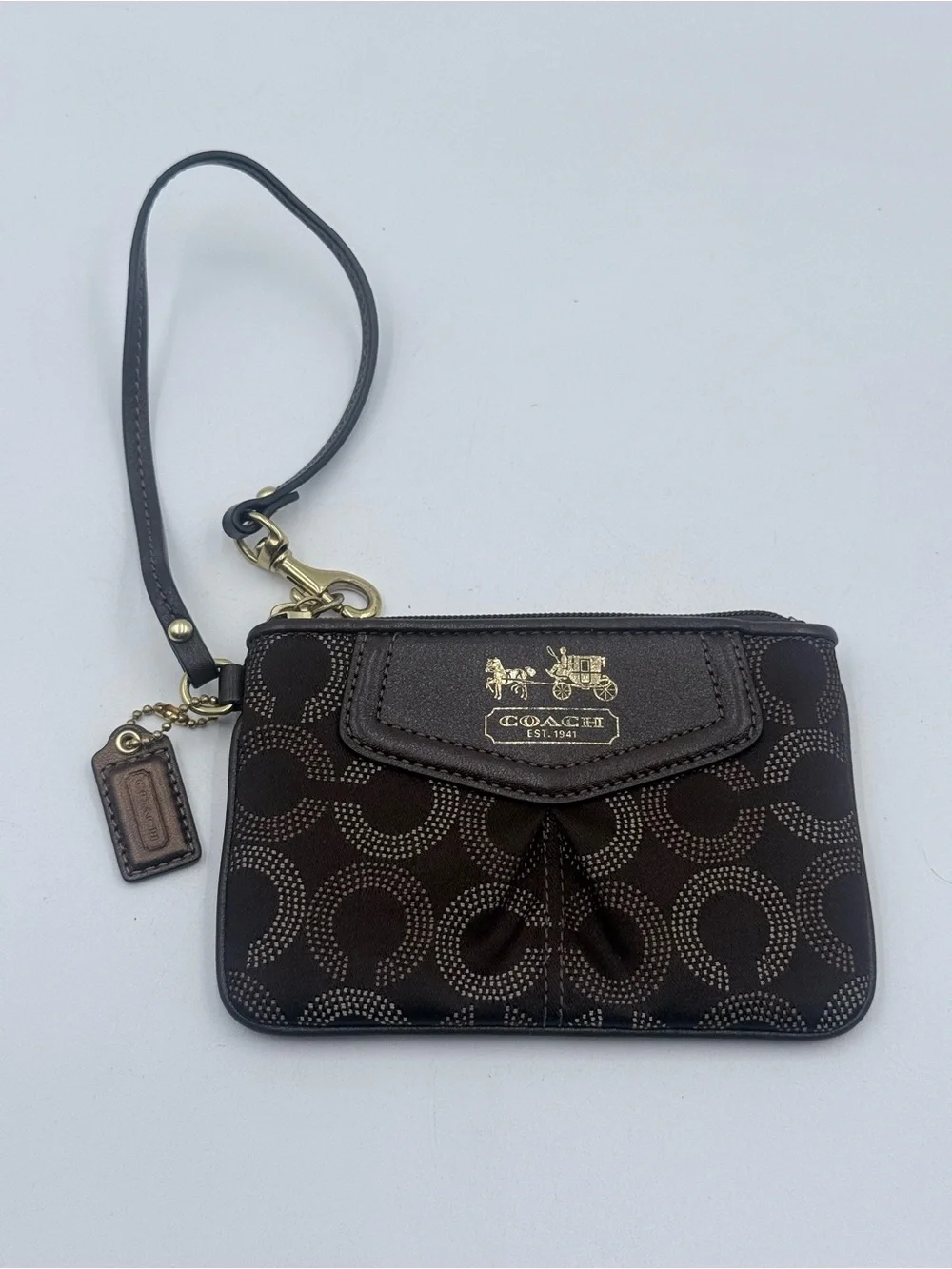 Coach Madison OP Art Sig Dots Brown Small Wristlet Purple Interior Hangtag